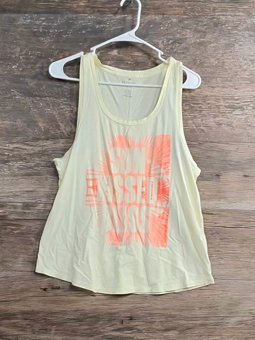 American Eagle Outfitters Light Yellow Tank with Neon Coral Graphic